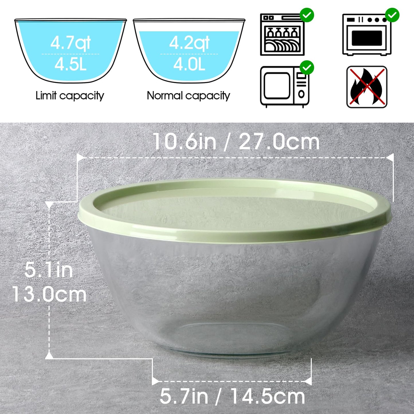 NUTRIUPS 4.7 Quart Large Glass Mixing Bowl with Lid, Deep Big Glass Bowl Large Salad Bowl