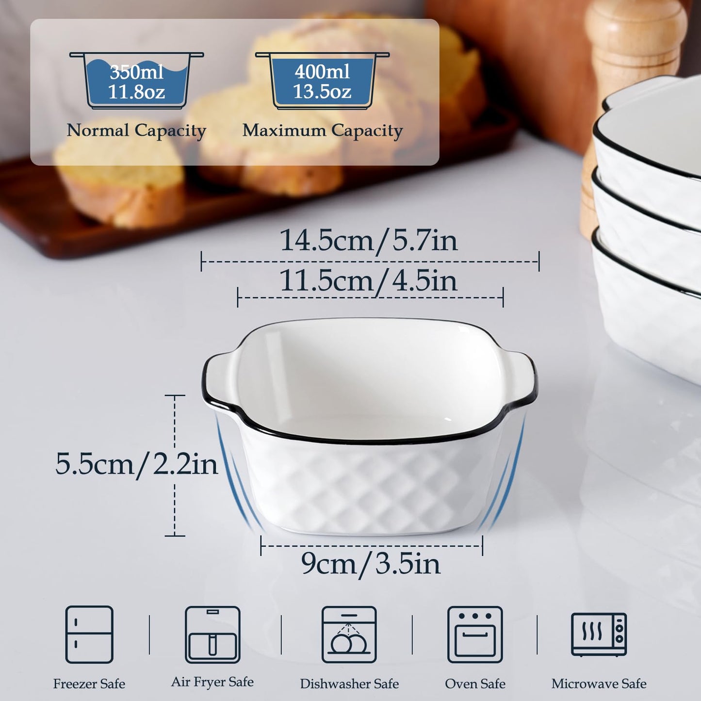 NUTRIUPS 13Oz Ceramic Baking Dishes Set of 4, 5.7x4.5x2.2'' Square Baking Dishes - Diamond Design, 400 ml Small Baking Dish for Air Fryer, Ceramic Bakeware with Handles, Oven-Safe & Microwave-Safe