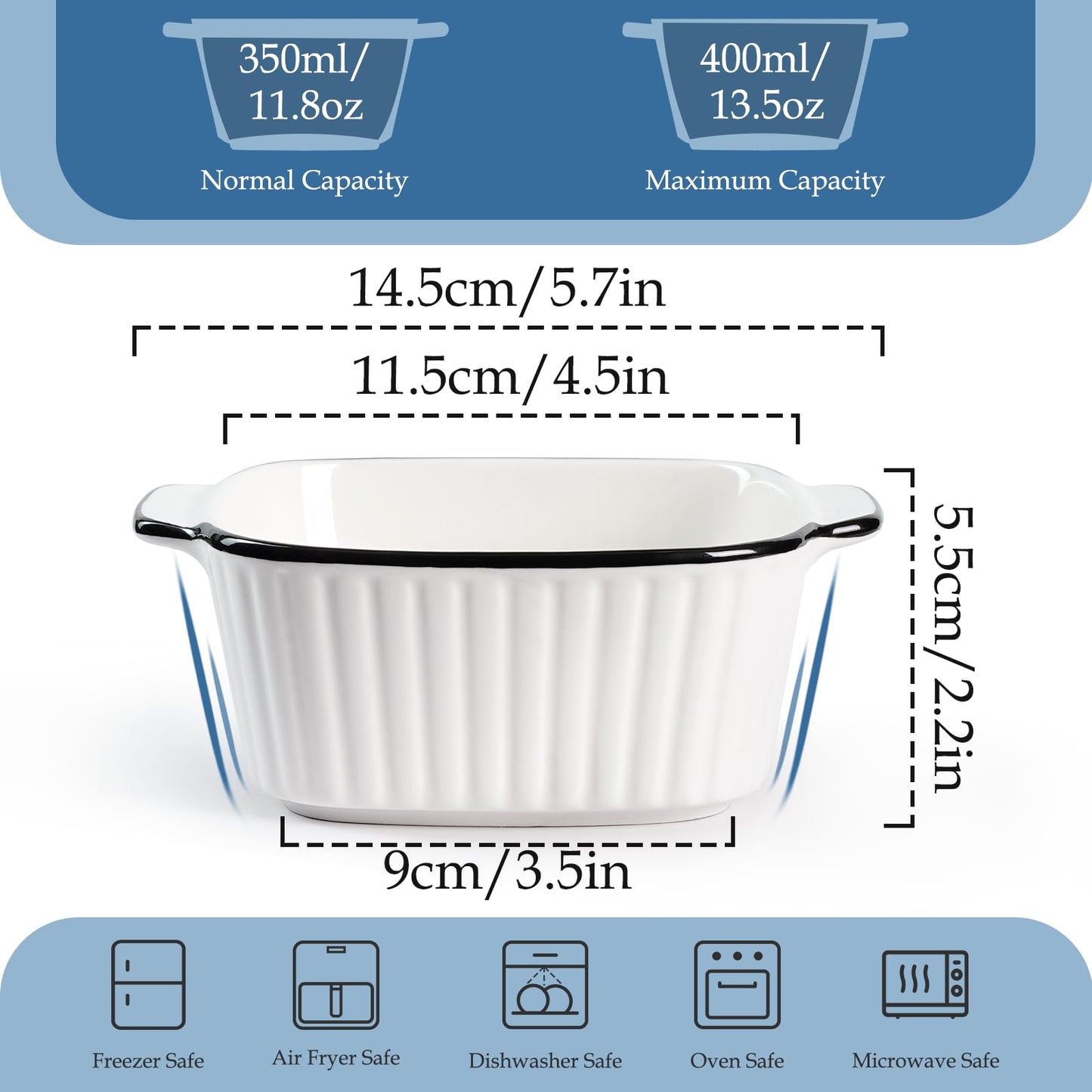 NUTRIUPS 13Oz Ceramic Baking Dishes set of 4, 5.7x4.5x2.2'' Square Baking Dishes, Small Baking Dish for Air Fryer, Ceramic Bakeware with Handles, Oven & Microwave Safe
