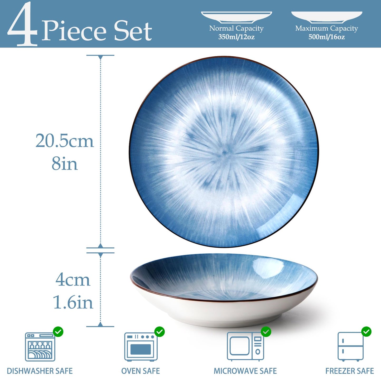 NUTRIUPS 10.5''Dinner Plates Set of 4, 26.5cm Dinner Plates Ceramic, Salad Plates, Blue Plates-Microwave & Dishwasher Safe