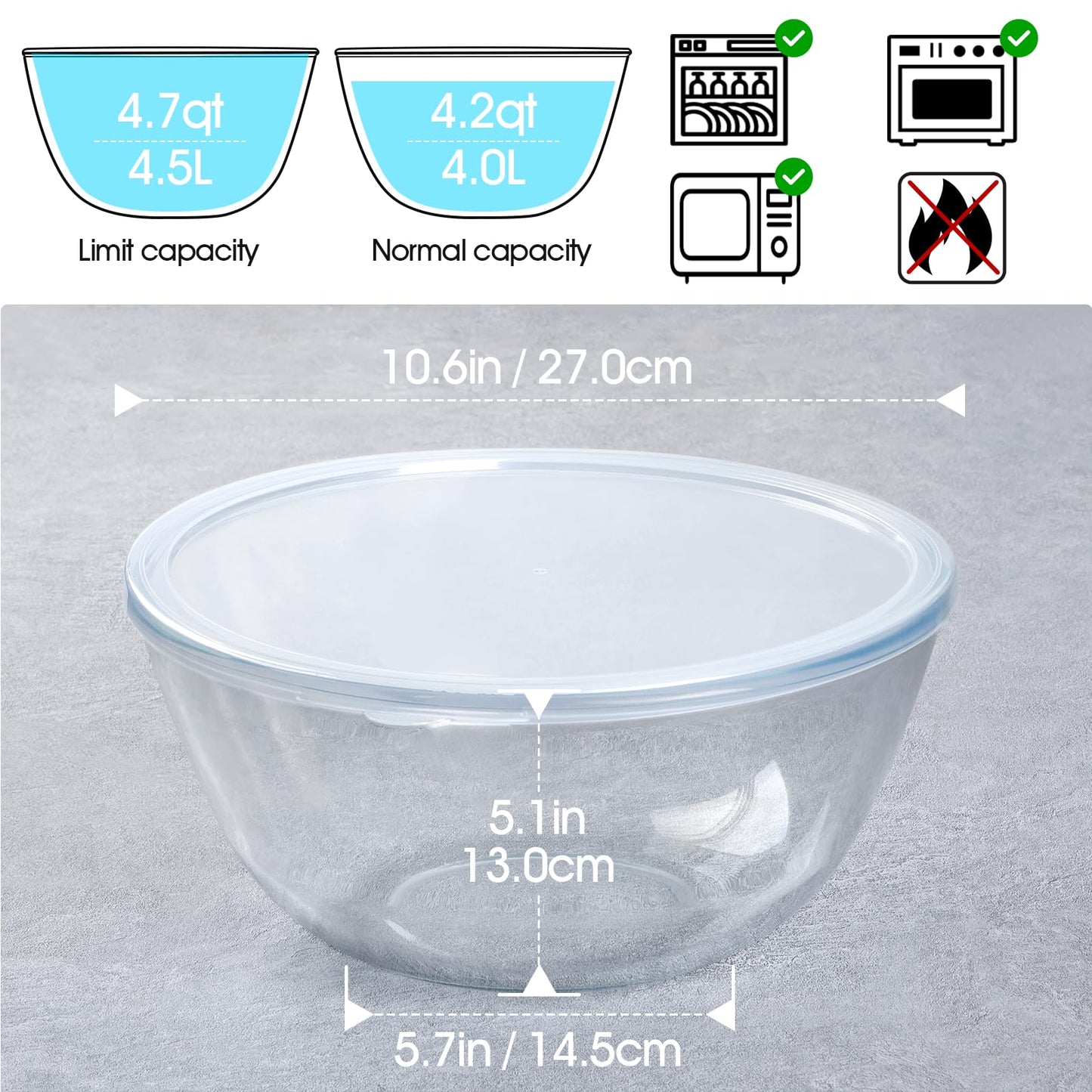 NUTRIUPS 4.7 Quart Large Glass Mixing Bowl with Lid, Deep Big Glass Bowl Large Glas Salad Bowl
