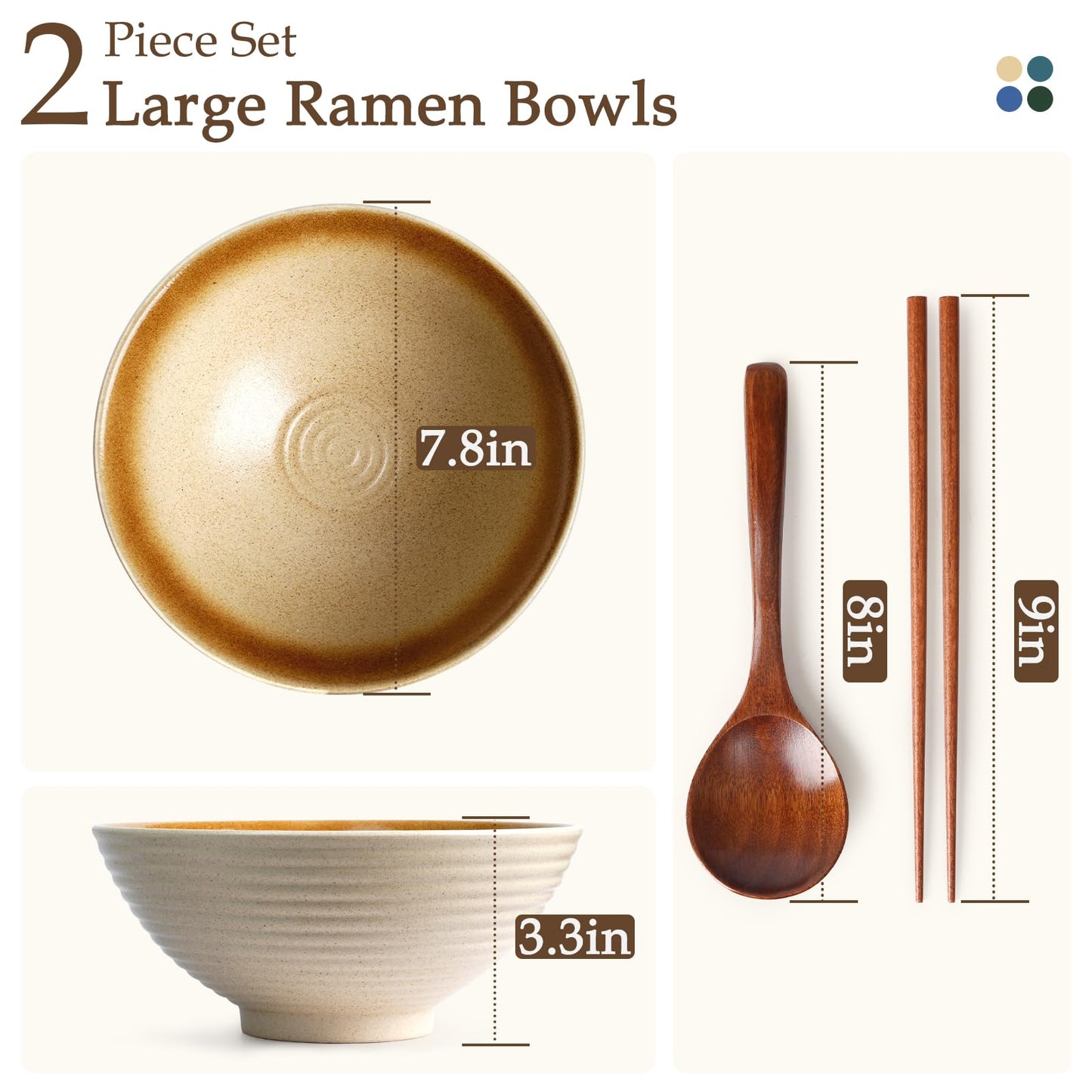 NUTRIUPS 8 Inch Ceramic Ramen Bowl Set of 2 Pho Bowls Japanese Noodle Udon Soup Bowls with Spoons and Chopsticks (Wheat Gold)