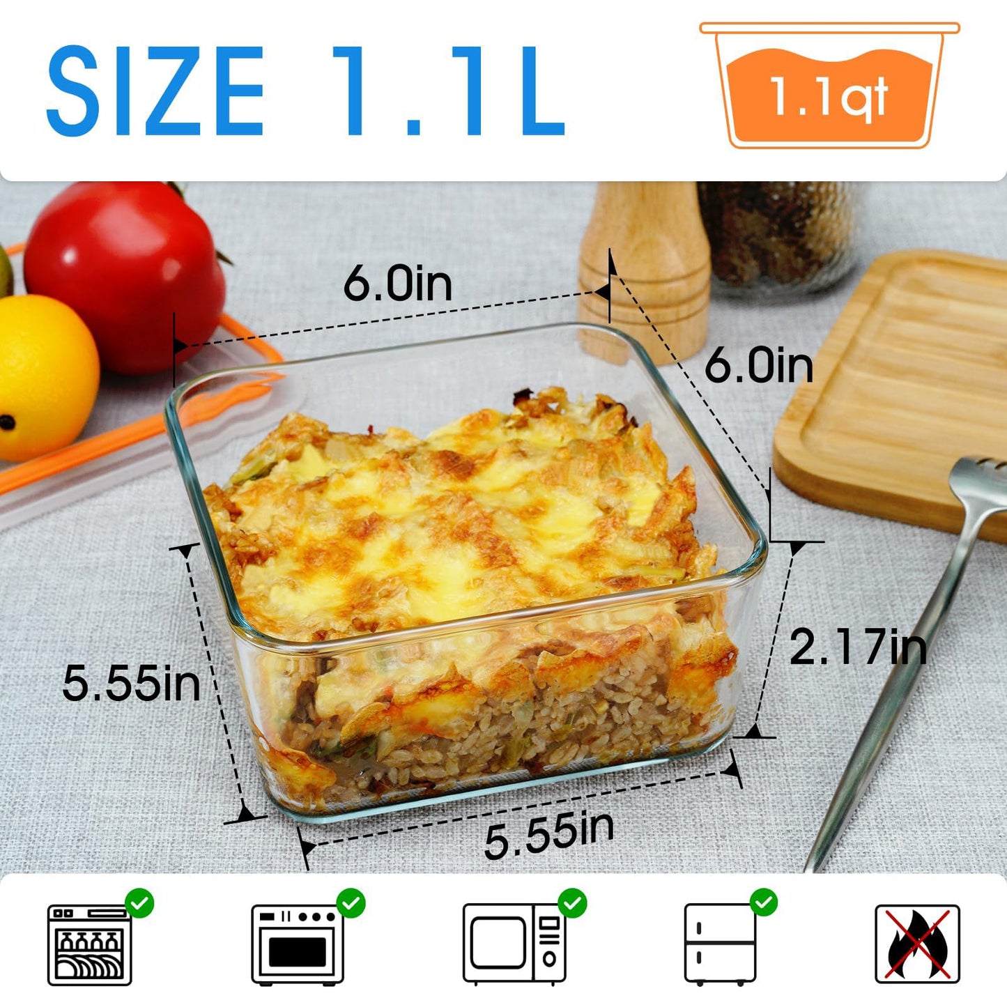 NUTRIUPS 1.1QT Square Glass Baking Dish with Lid, 6×6 inches Deep Small Baking Dish with Lid, Square Glass Baking Dishes for Oven