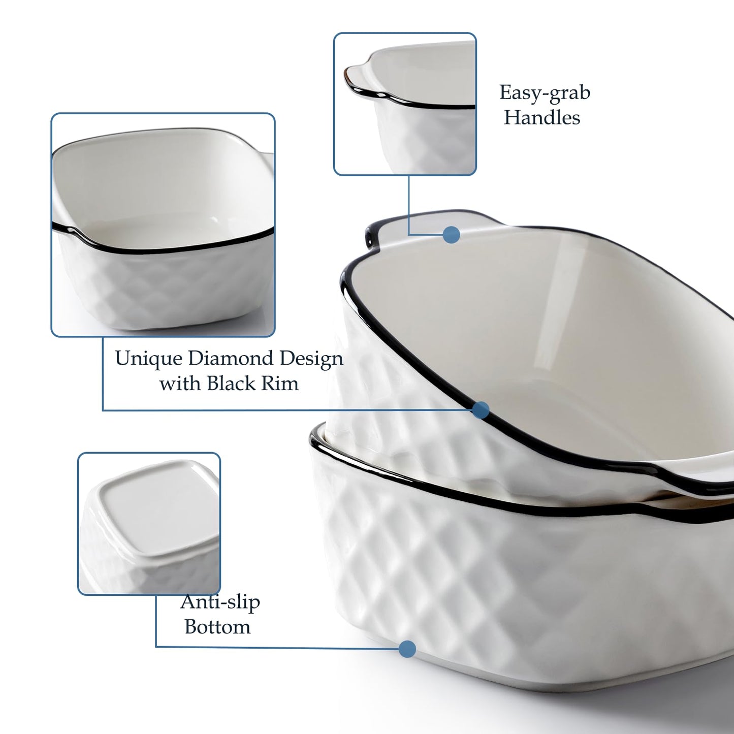NUTRIUPS 13Oz Ceramic Baking Dishes Set of 4, 5.7x4.5x2.2'' Square Baking Dishes - Diamond Design, 400 ml Small Baking Dish for Air Fryer, Ceramic Bakeware with Handles, Oven-Safe & Microwave-Safe