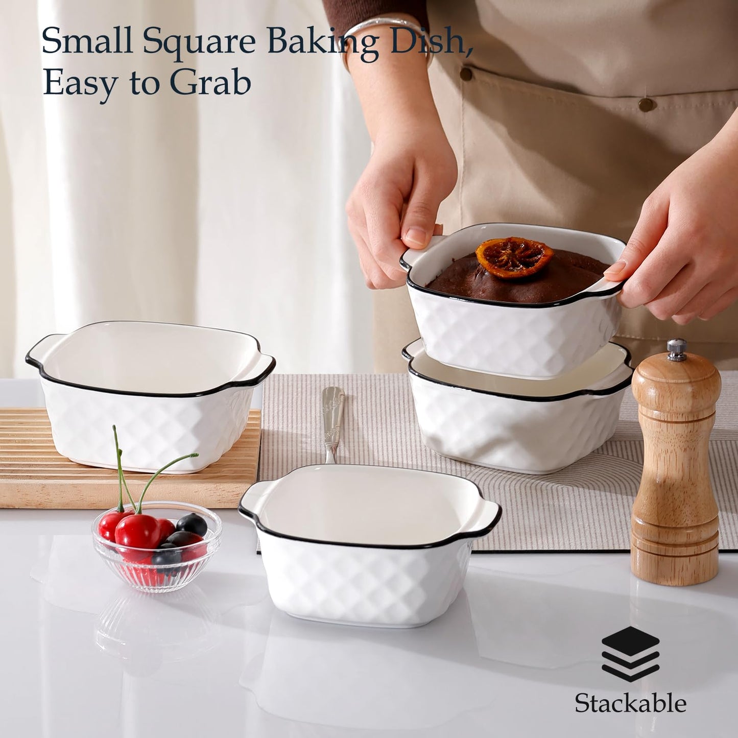 NUTRIUPS 13Oz Ceramic Baking Dishes Set of 4, 5.7x4.5x2.2'' Square Baking Dishes - Diamond Design, 400 ml Small Baking Dish for Air Fryer, Ceramic Bakeware with Handles, Oven-Safe & Microwave-Safe
