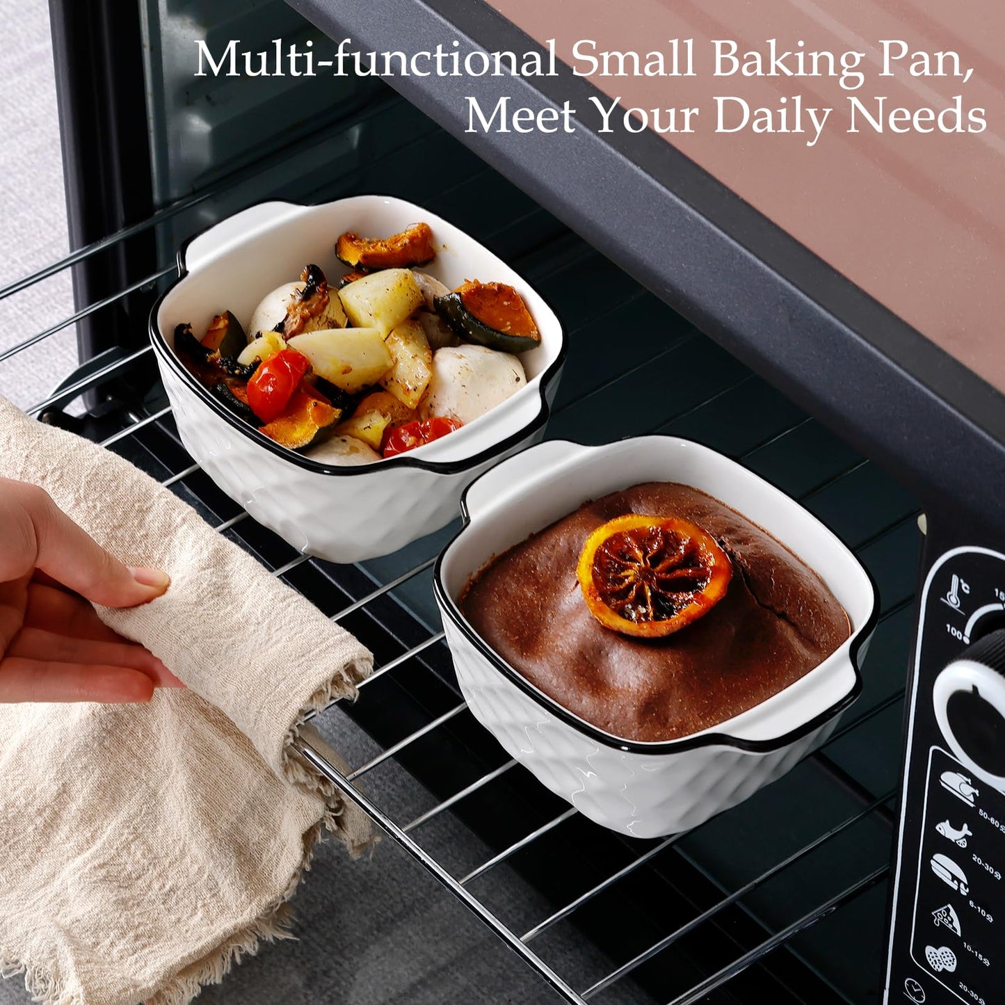 NUTRIUPS 13Oz Ceramic Baking Dishes Set of 4, 5.7x4.5x2.2'' Square Baking Dishes - Diamond Design, 400 ml Small Baking Dish for Air Fryer, Ceramic Bakeware with Handles, Oven-Safe & Microwave-Safe