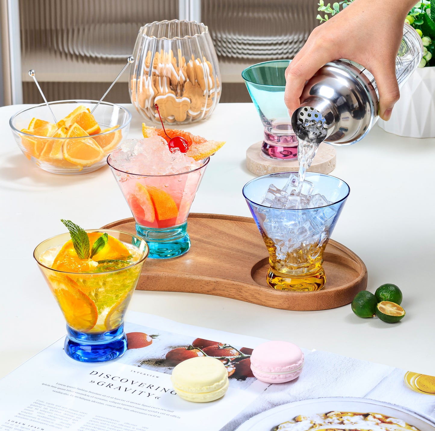 NUTRIUPS 8oz Color-block Stemless Martini Glasses, 4-Piece Set Cocktail Cups, Bar Glassware for Home Bar Parties Wedding & Daily Use