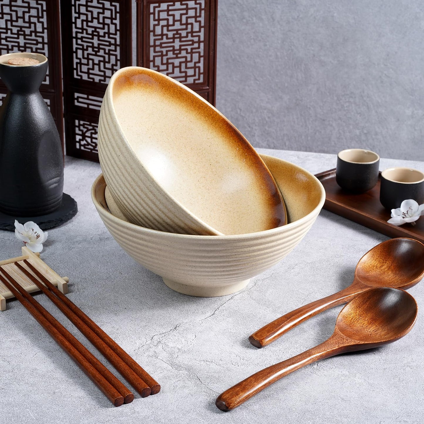 NUTRIUPS 8 Inch Ceramic Ramen Bowl Set of 2 Pho Bowls Japanese Noodle Udon Soup Bowls with Spoons and Chopsticks (Wheat Gold)