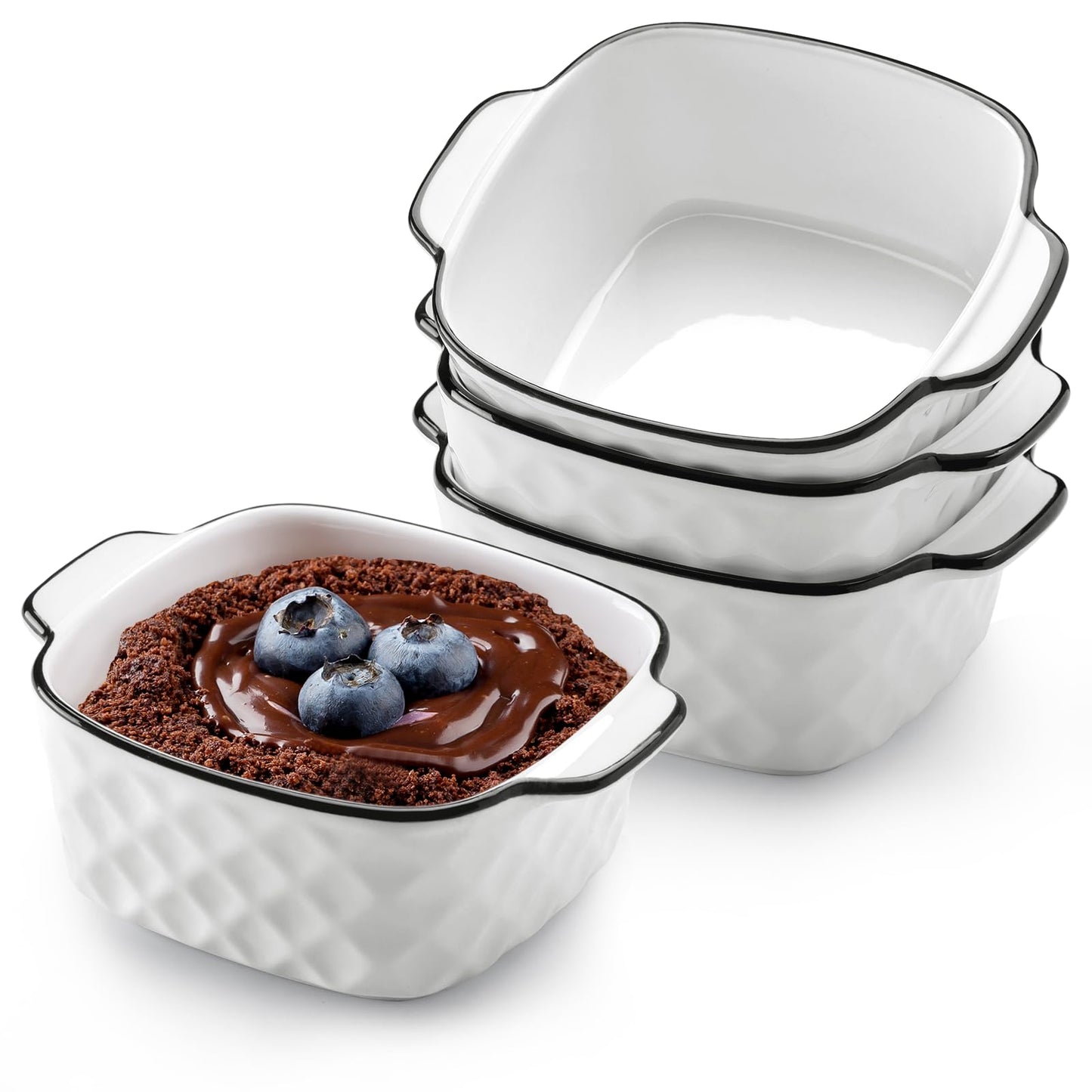 NUTRIUPS 13Oz Ceramic Baking Dishes Set of 4, 5.7x4.5x2.2'' Square Baking Dishes - Diamond Design, 400 ml Small Baking Dish for Air Fryer, Ceramic Bakeware with Handles, Oven-Safe & Microwave-Safe