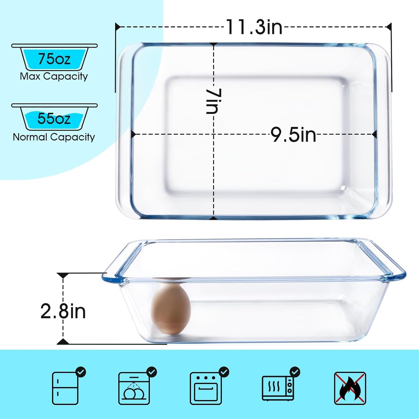 NUTRIUPS 2.4QT Deep Glass Baking Dish (9.5×7inches)