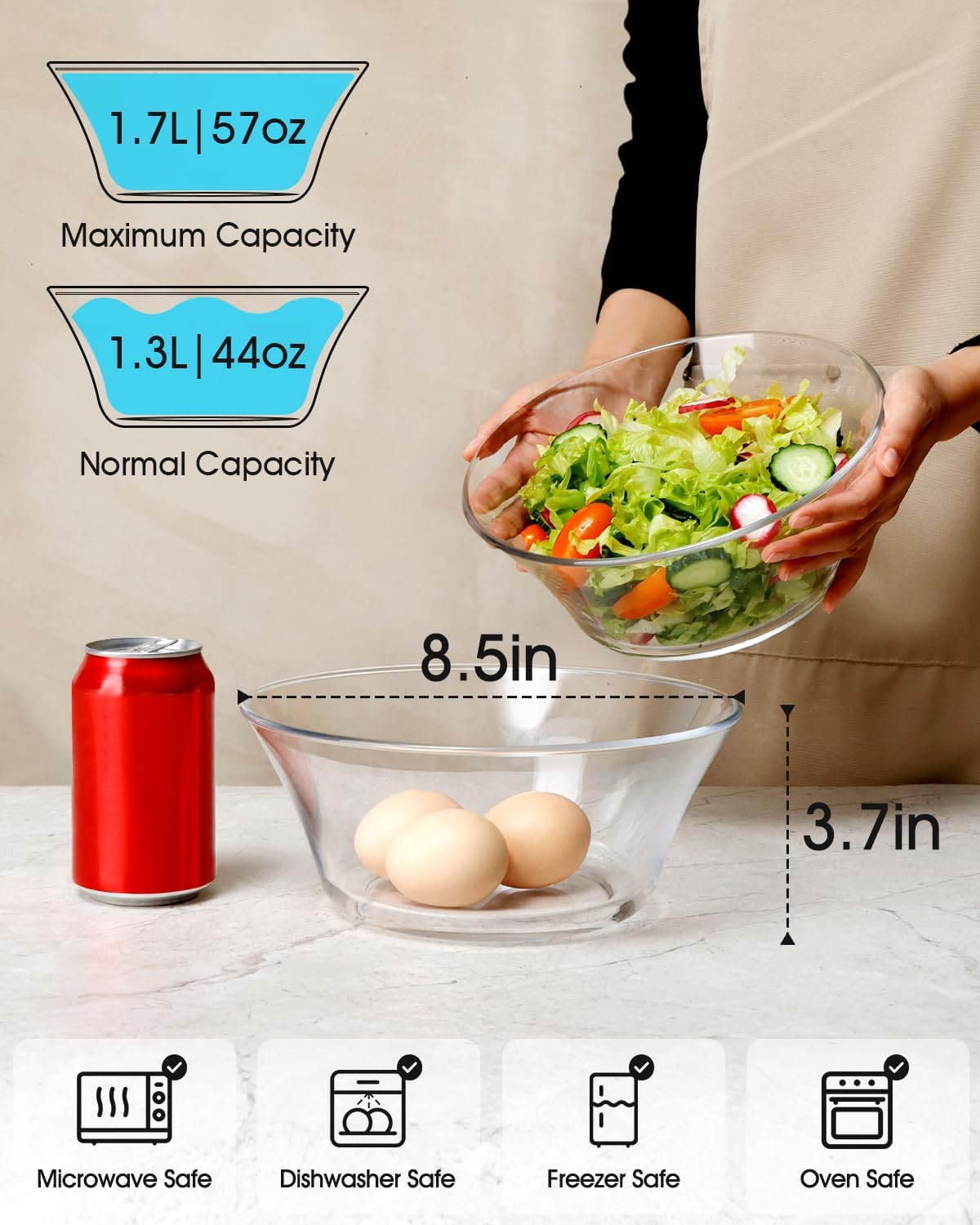 NUTRIUPS 2 Pack 8.5 inch Glass Salad Bowl (57 oz)