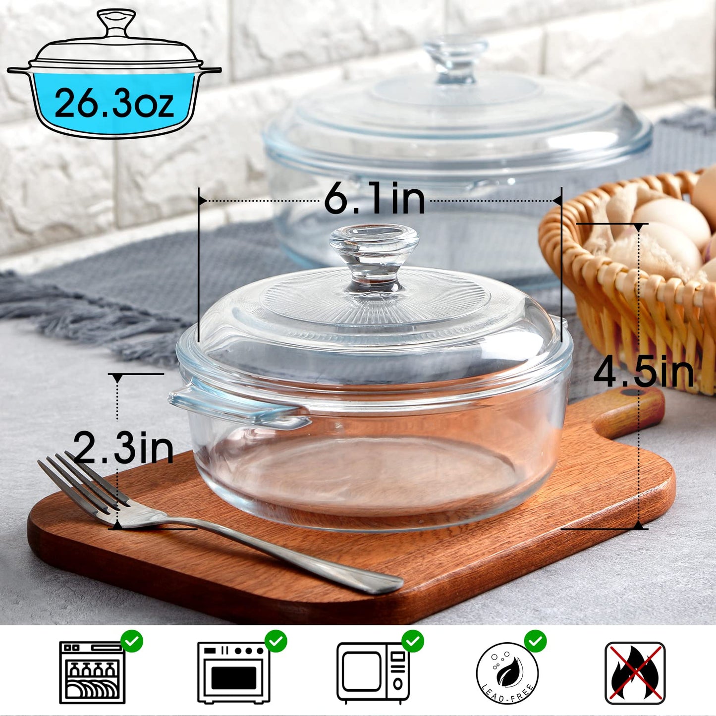 NUTRIUPS Mini Glass Casserole Dish with Lid Oven Safe Covered Round Casserole Dish 6" Glass Microwave Bowls With Lid Microwavable Cookware (26oz-Mini)