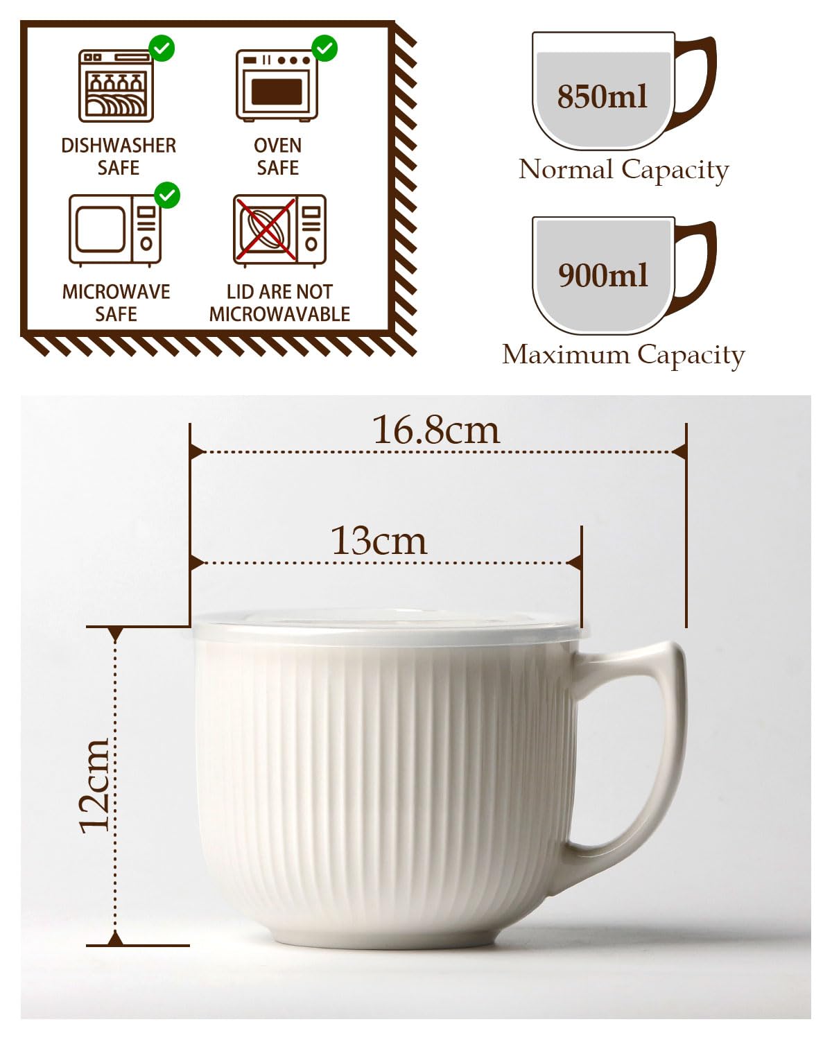 NUTRIUPS Soup Bowls with Handles, 900ml Microwave Soup Bowl with Lid, Soup Mug with Handles, Bowl for Ramen, Noodle, Porridge (White)