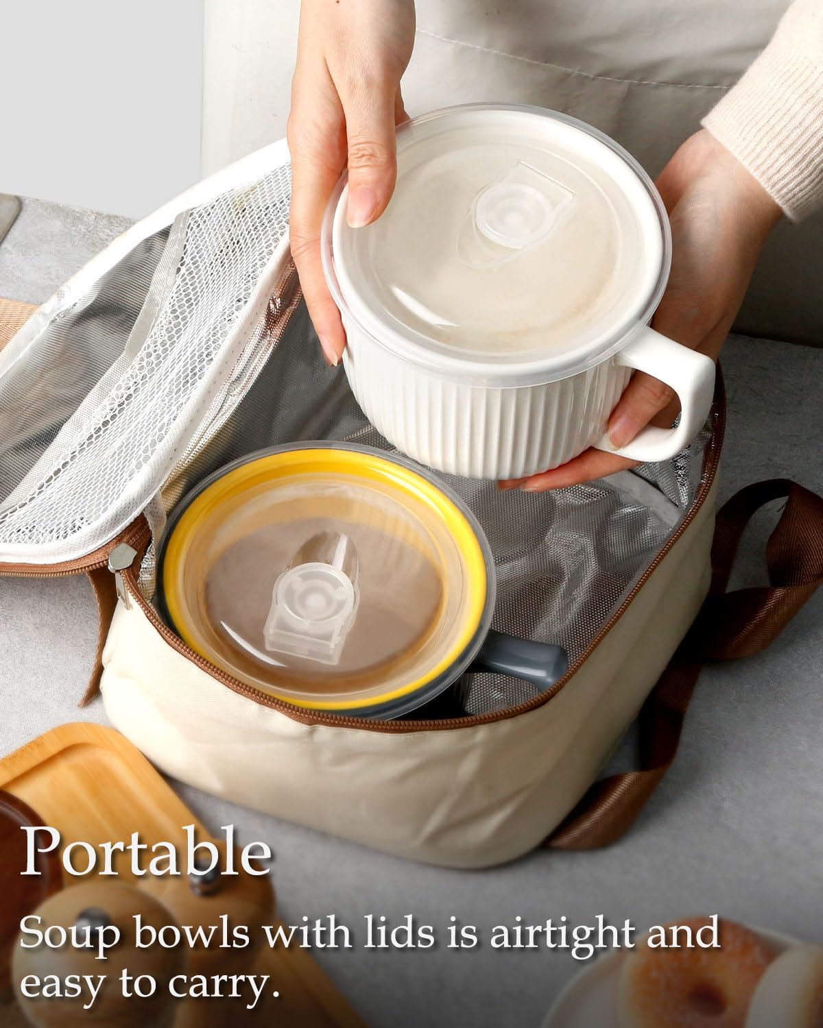 NUTRIUPS Soup Bowls with Handles, 900ml Microwave Soup Bowl with Lid, Soup Mug with Handles, Bowl for Ramen, Noodle, Porridge (White)