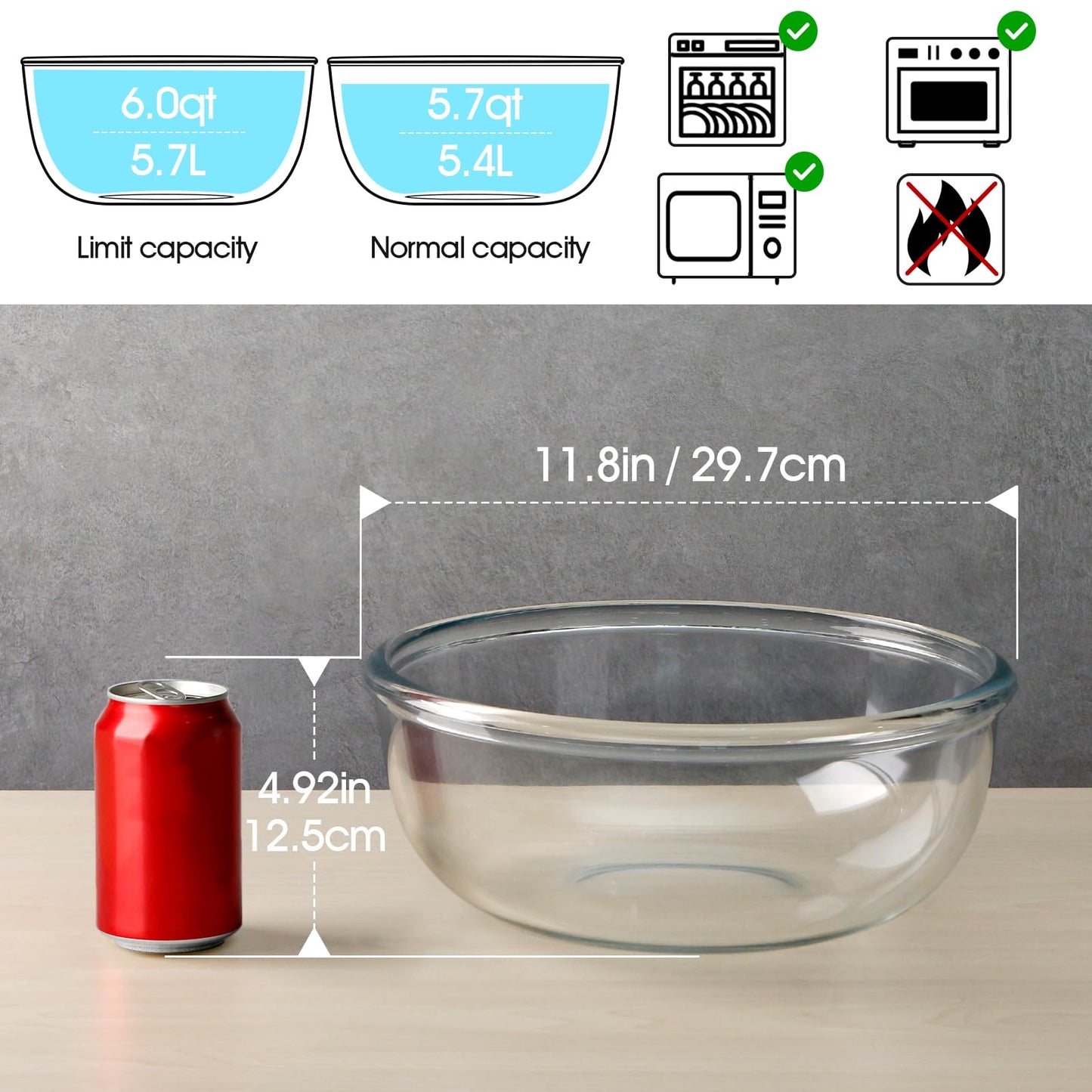 NUTRIUPS 6 Quart Large Glass Mixing Bowl, Clear Large Salad Bowls Glass Big Mixing Bowls for Kitchen