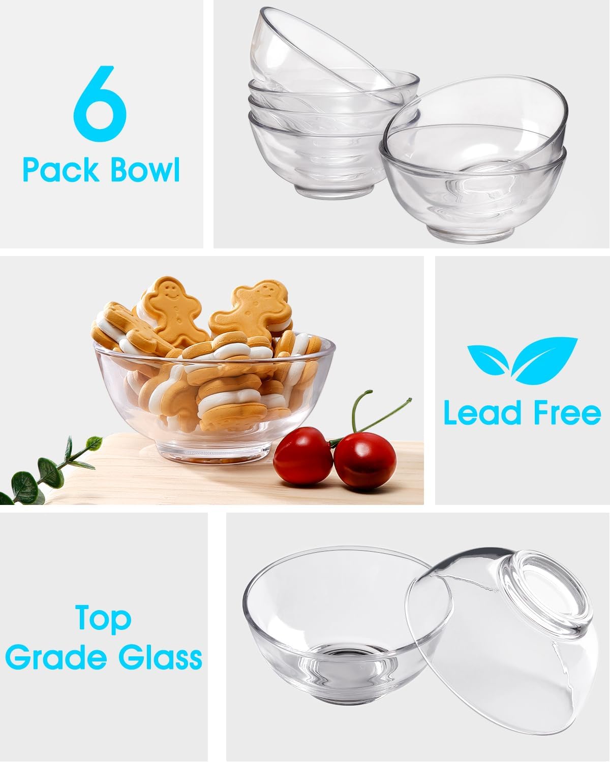 NUTRIUPS 10oz Small Glass Bowls Set of 6 (4.5in)