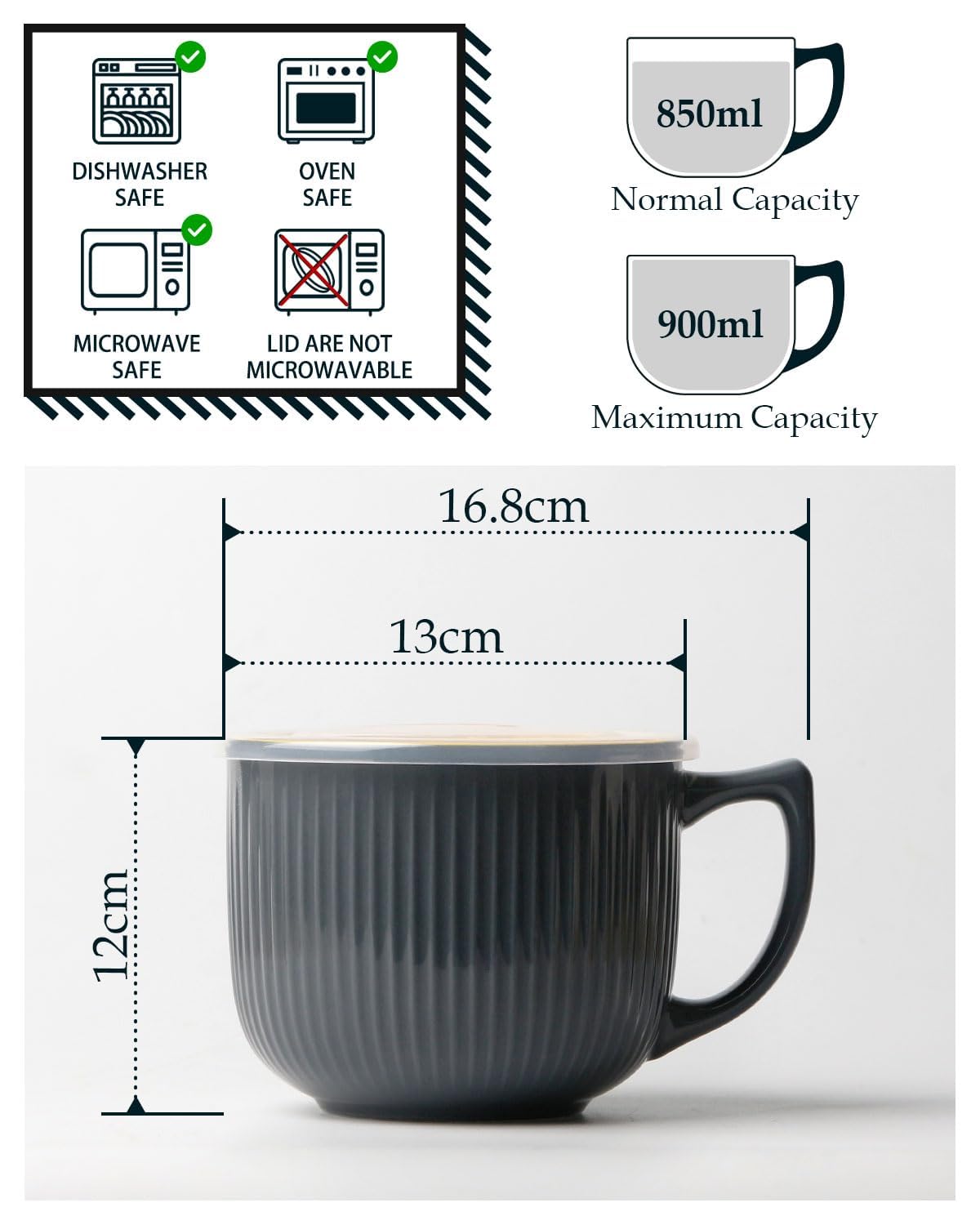 NUTRIUPS Soup Bowls with Handles, 900ml Microwave Soup Bowl with Lid, Soup Mug with Handles, Bowl for Ramen, Noodle, Porridge (Grey)