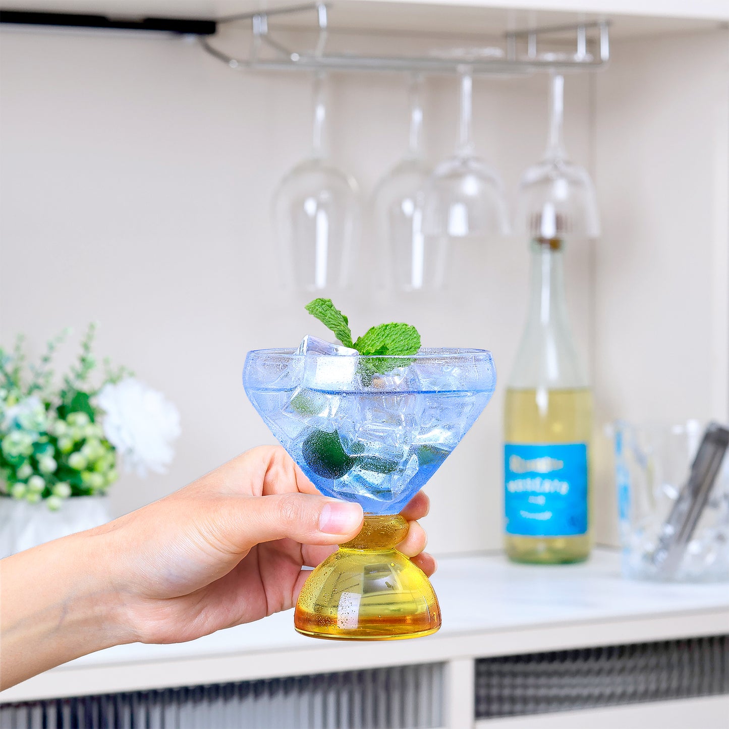 NUTRIUPS 7oz Hand-made Stemless Martini Glasses, Color-block Solid Glass Base Heavy-duty Cocktail Glasses, Aroma-Locking Rim Glasses for Home Bar Party Gifts (Azure & Mango Switch Duo)