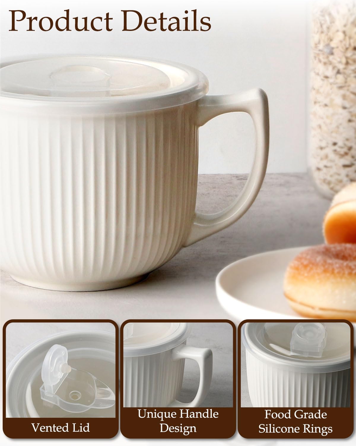 NUTRIUPS Soup Bowls with Handles, 900ml Microwave Soup Bowl with Lid, Soup Mug with Handles, Bowl for Ramen, Noodle, Porridge (White)
