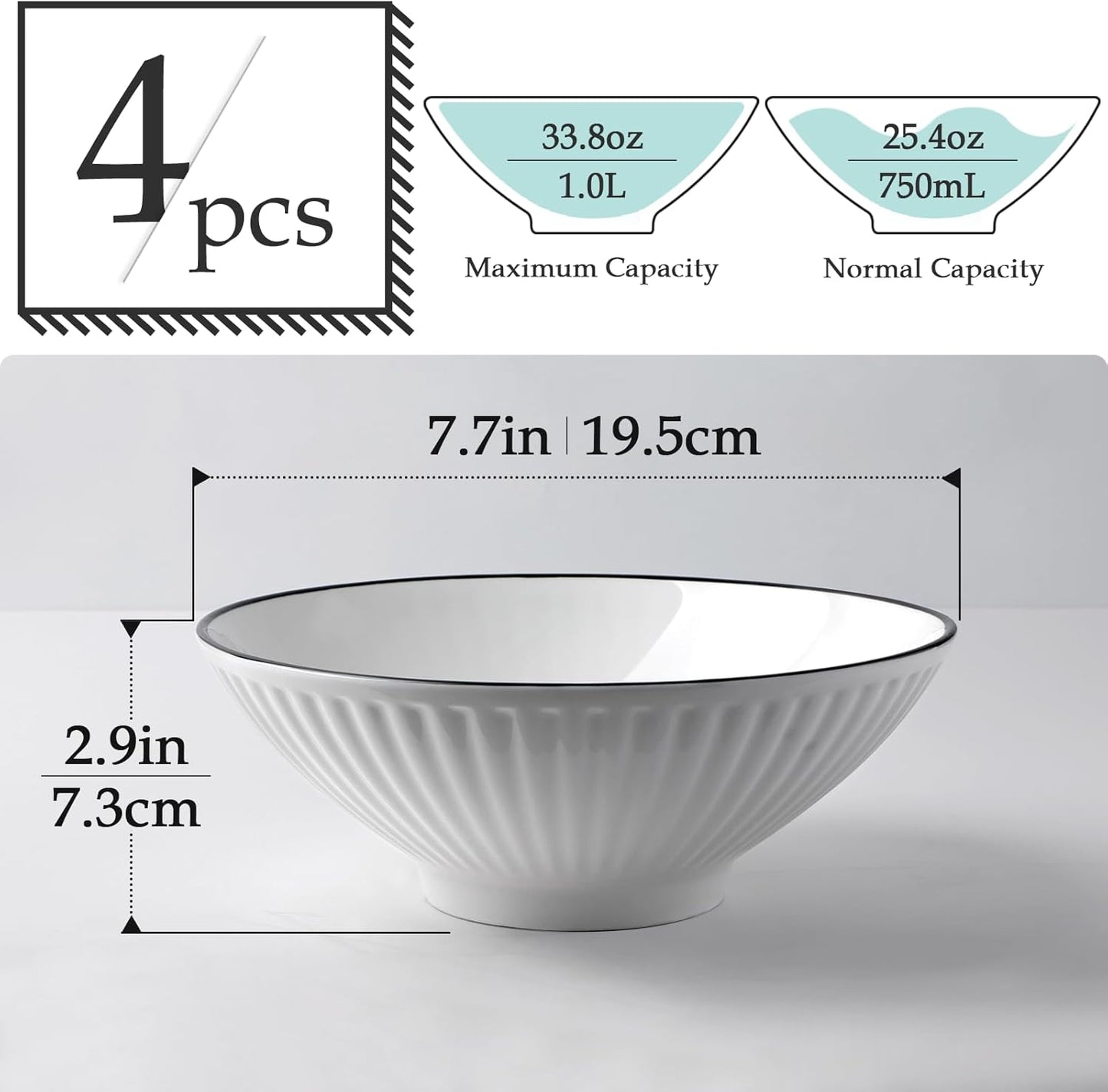 NUTRIUPS 8'' Ramen Bowls Set of 4-34 Oz Pho Bowls