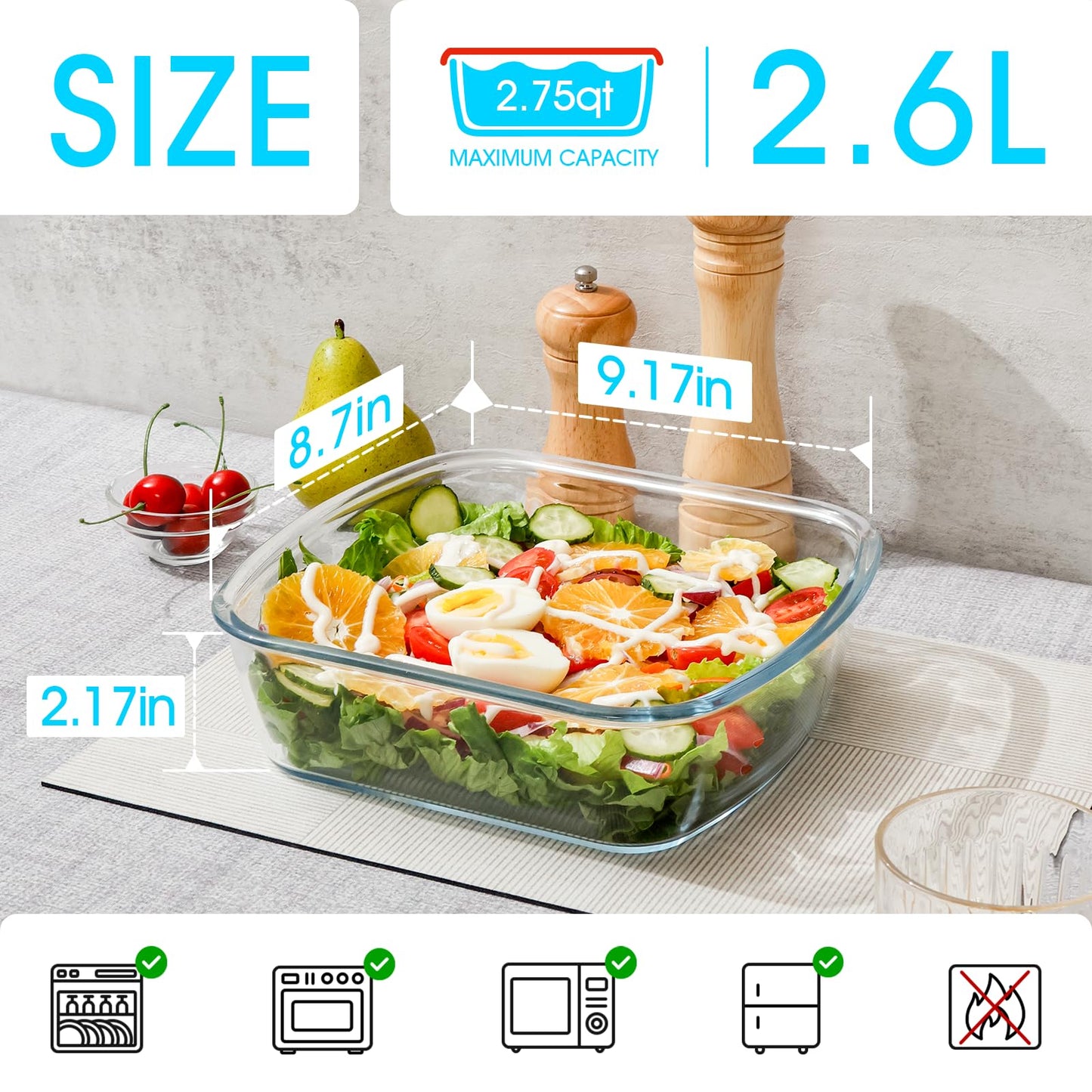 2.7 QT Square Glass Baking Dish with Red Visible Lid (9x9)