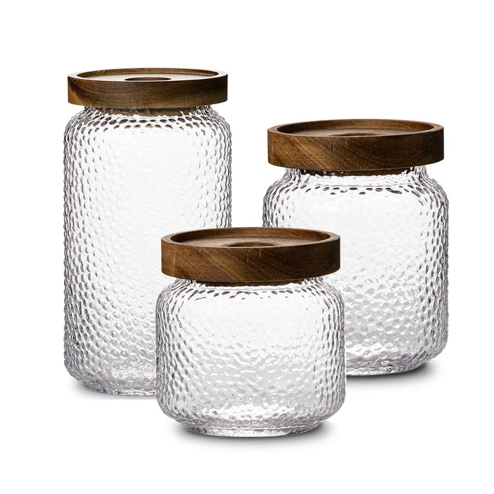 Anti-slip Storage Jar with Airtight Wood Lid, 3 Pack, 12oz, 17oz, 25oz