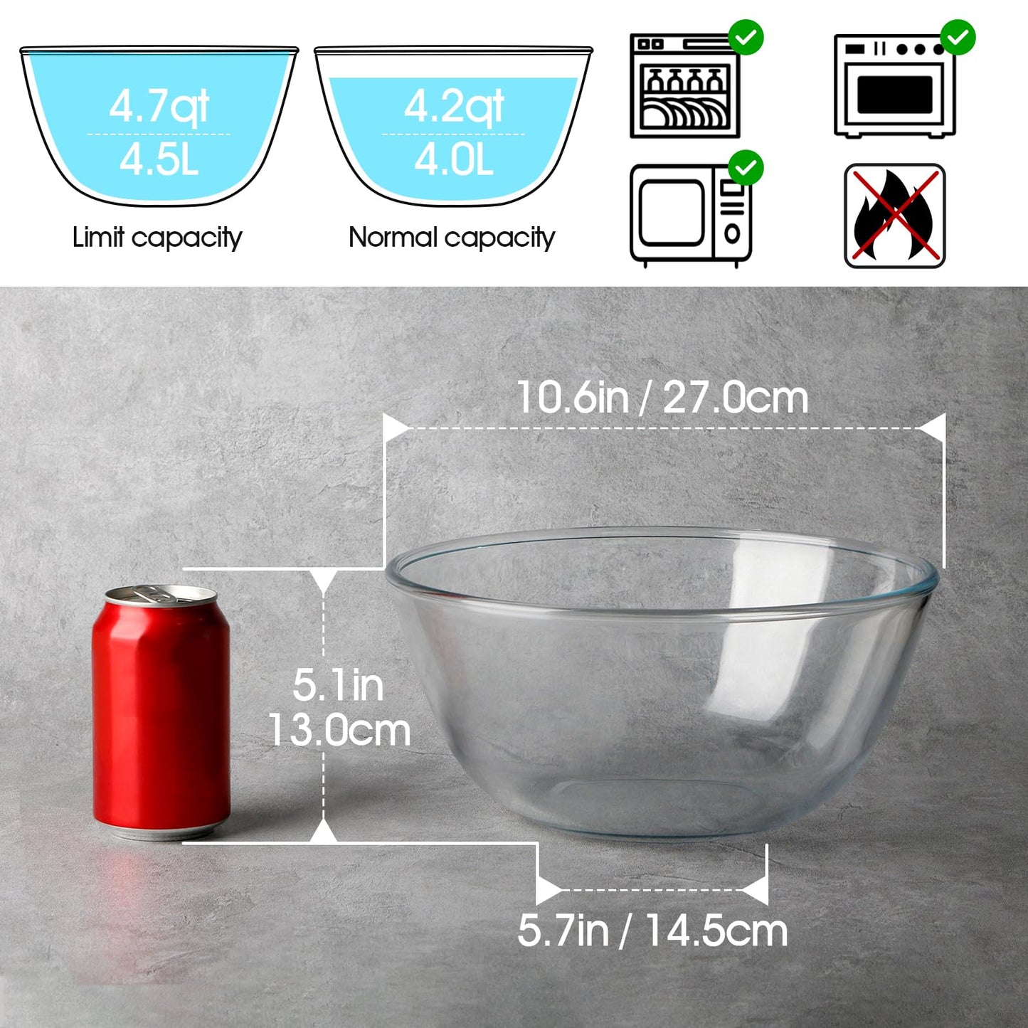 NUTRIUPS 4.7 Quart Large Glass Mixing Bowl with Lid