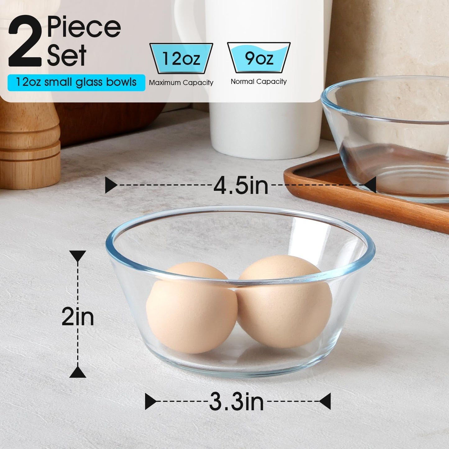 NUTRIUPS Flat Bottom 4.5in Small Clear Glass Bowls Set of 2, 12oz/0.4L