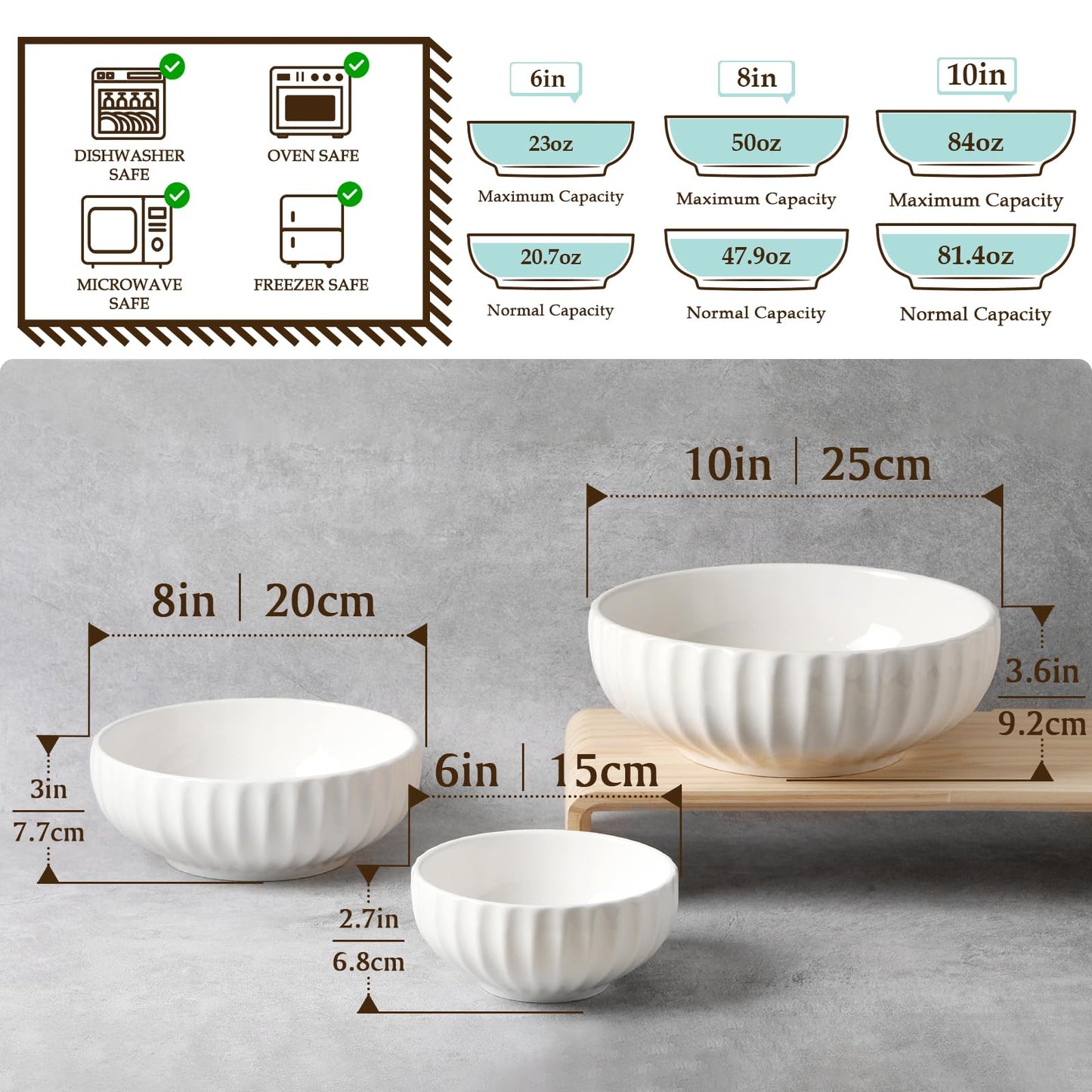 NUTRIUPS Serving Bowls, 84/50/23oz, 10/8/6 in, Set of 3