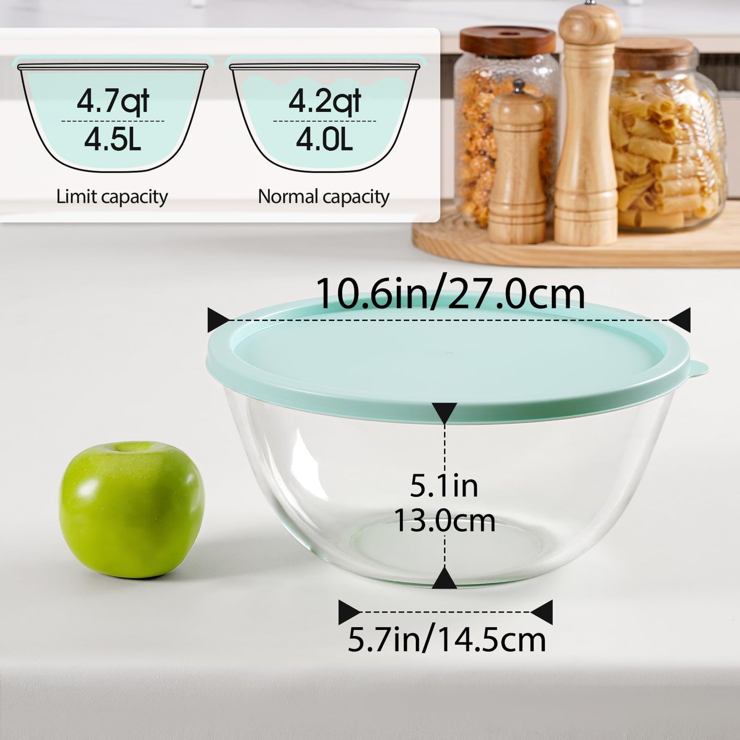 NUTRIUPS 4.7 Quart Large Glass Mixing Bowl with Lid, Deep Big Glass Bowl Large Salad Bowl (Horizon Green)