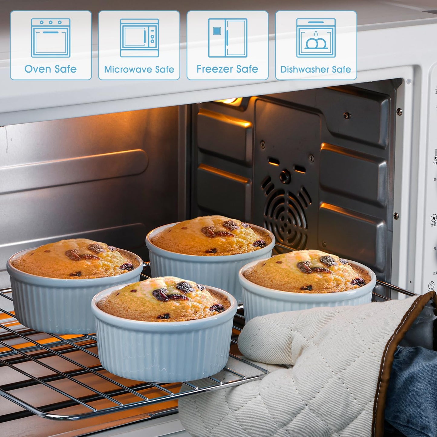 NUTRIUPS Ramekins 14oz Oven Safe Set of 4, Porcelain Pudding Cups for Creme Brulee Souffle, Ceramic Ramekins Set for Baking (Blue, 14oz)