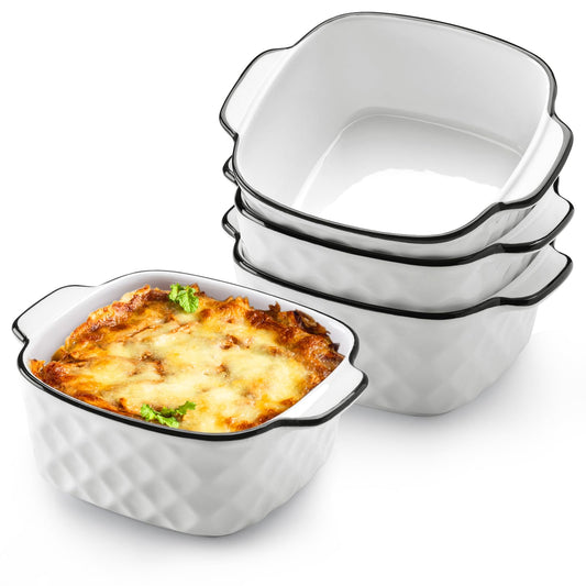 NUTRIUPS 13Oz Ceramic Baking Dishes Set of 4, 5.7x4.5x2.2'' Square Baking Dishes - Diamond Design, 400 ml Small Baking Dish for Air Fryer, Ceramic Bakeware with Handles, Oven-Safe & Microwave-Safe