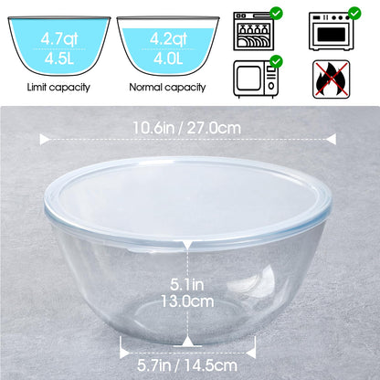 NUTRIUPS 4.7 Quart Large Glass Mixing Bowl with Lid, Deep Big Glass Bowl Large Glas Salad Bowl