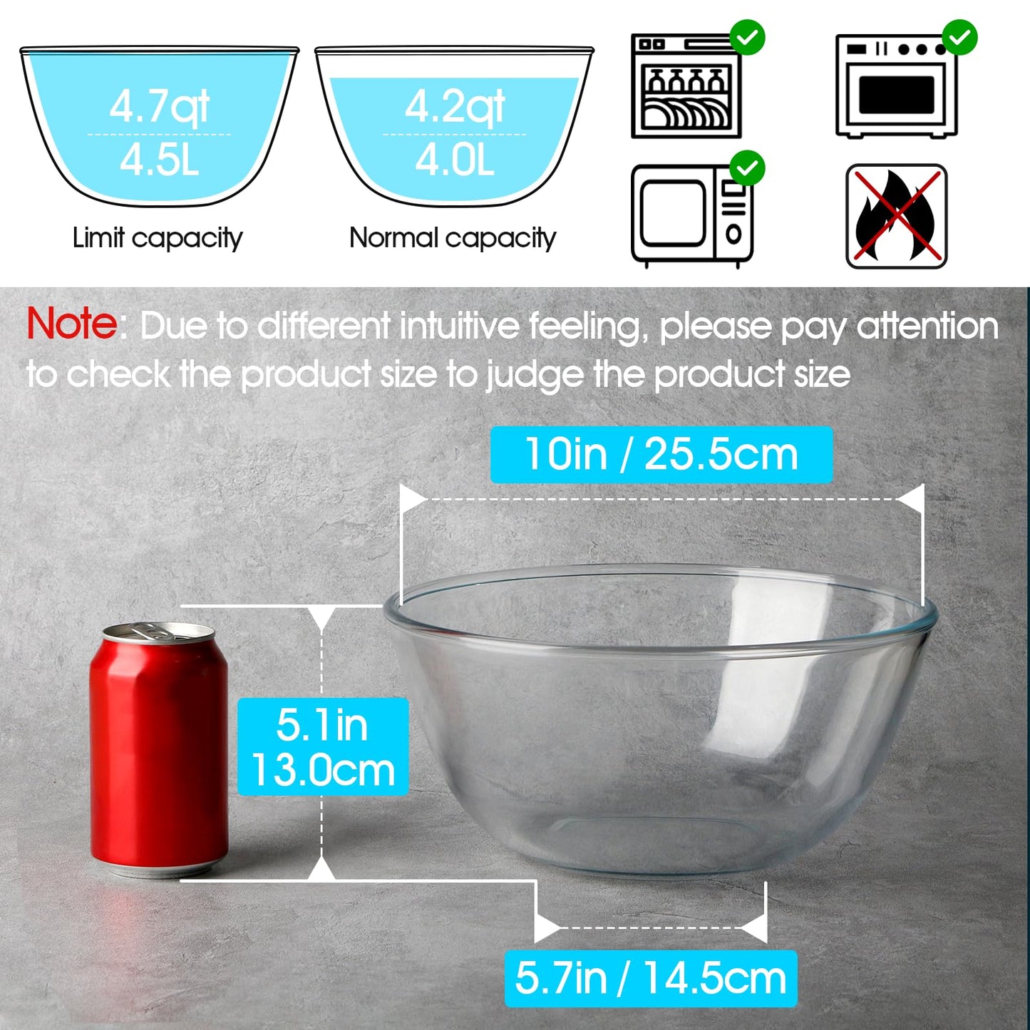 NUTRIUPS 4.7 Quart Large Glass Mixing Bowl, Clear Large Salad Bowls Glass Big Mixing Bowls for Kitchen