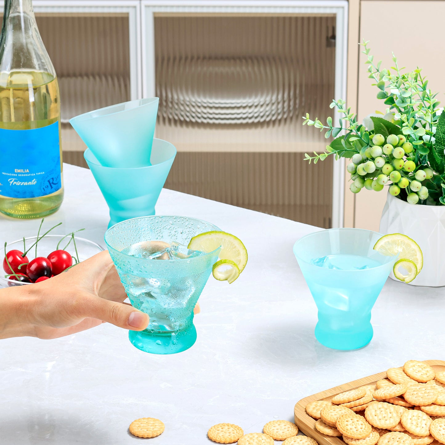 NUTRIUPS 8oz Frosted Stemless Martini Glasses 4-Piece Set, Matte Finish Fingerprint-Resistant Glassware for Home Bar, Parties & Gifts (Turquoise)