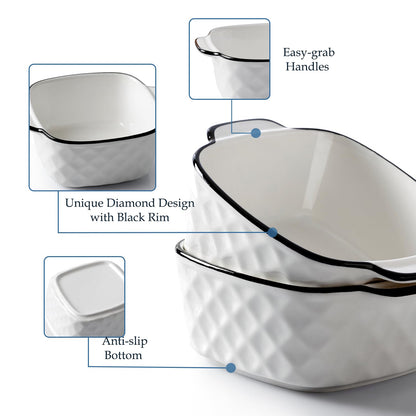 NUTRIUPS 13Oz Ceramic Baking Dishes Set of 4, 5.7x4.5x2.2'' Square Baking Dishes - Diamond Design, 400 ml Small Baking Dish for Air Fryer, Ceramic Bakeware with Handles, Oven-Safe & Microwave-Safe