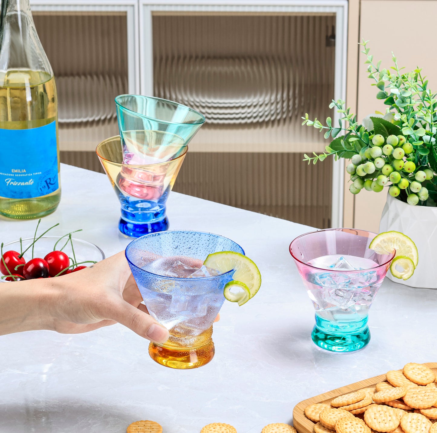 NUTRIUPS 8oz Color-block Stemless Martini Glasses, ‌4-Piece Set Cocktail Cups, Bar Glassware for Home Bar Parties Wedding & Daily Use