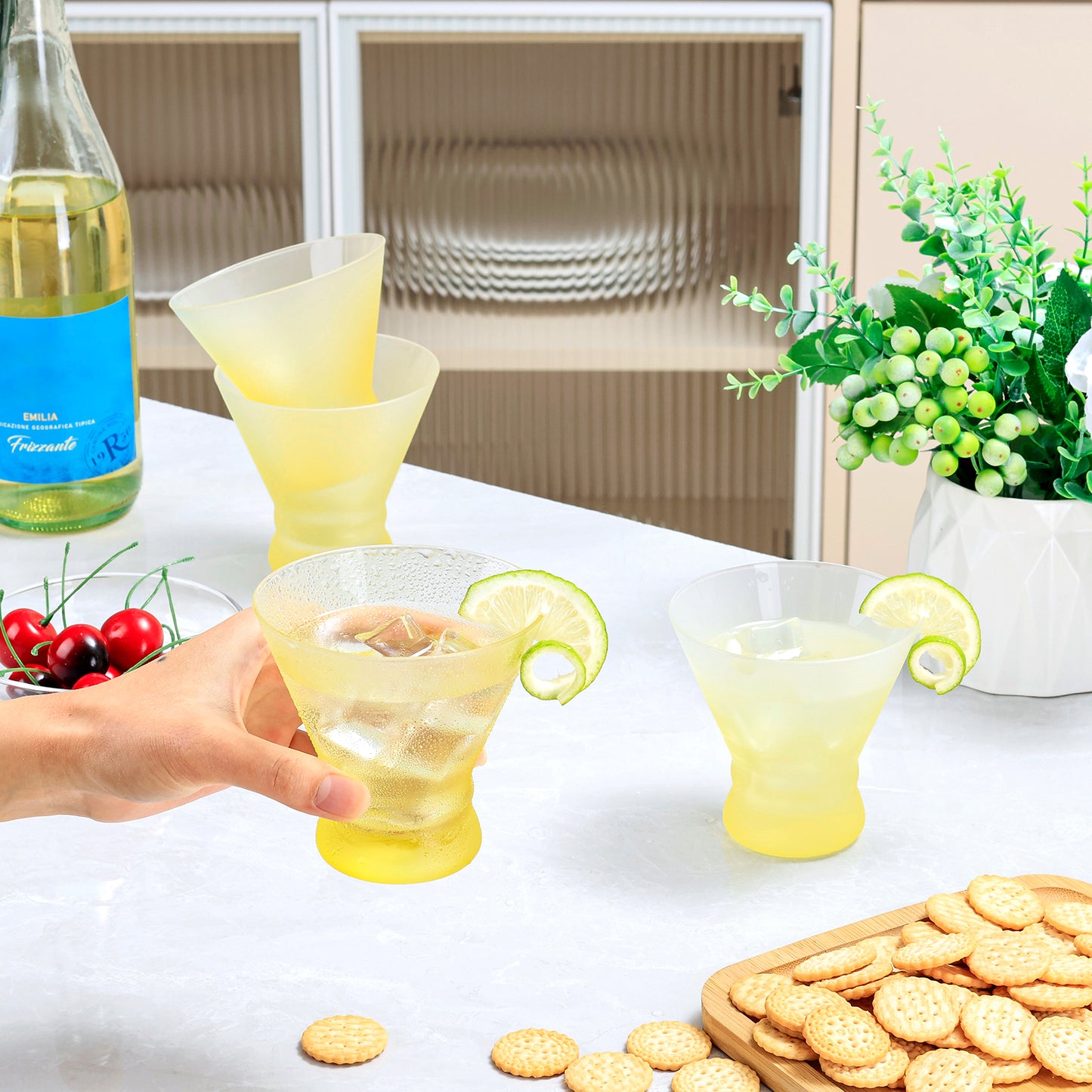 NUTRIUPS Yellow Stemless Martini Glasses, 8oz Frosted Cocktails Glasses Matte Finish Fingerprint-Resistant Glassware for Home Bar, Parties & Gifts, 4-Piece Set