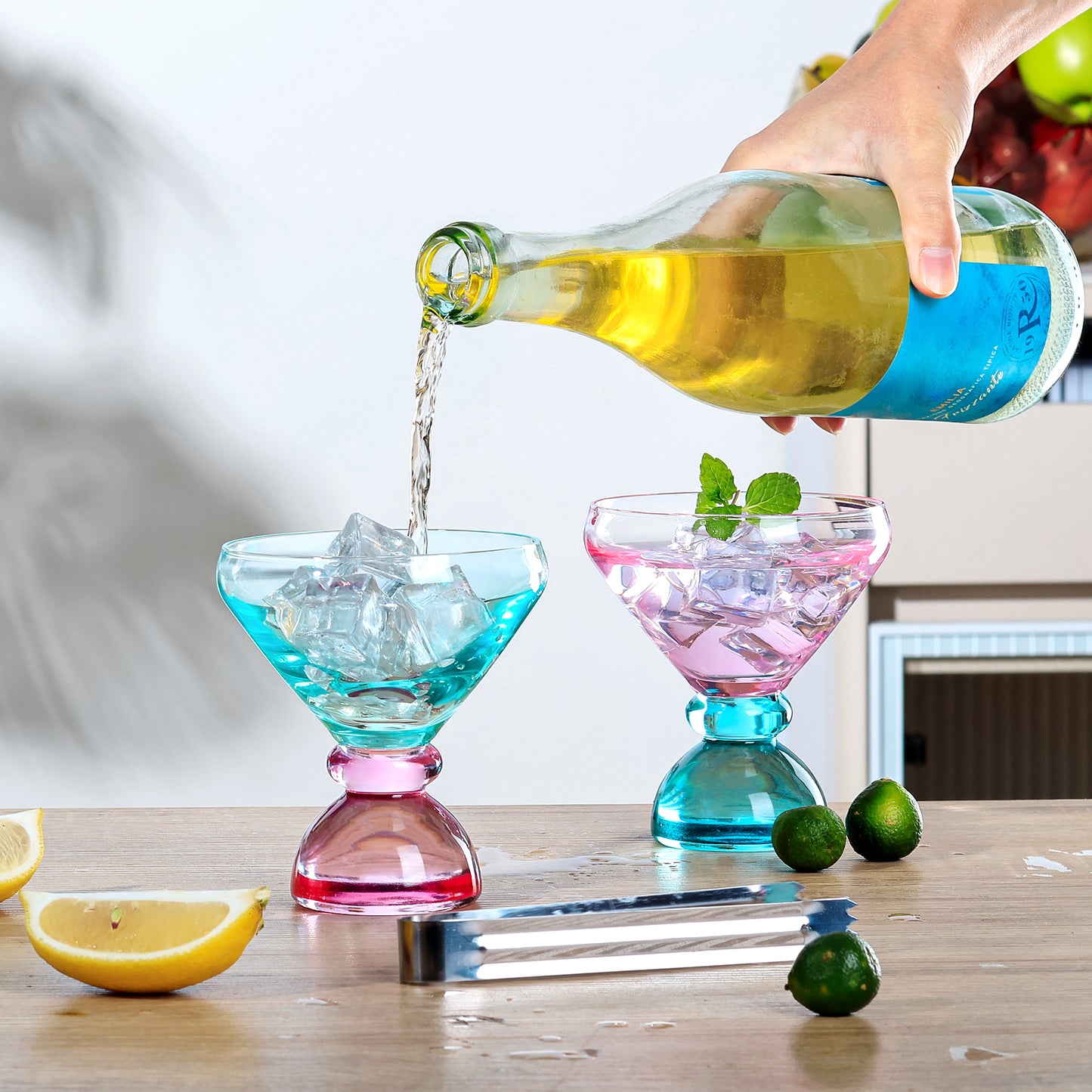 NUTRIUPS 7oz Hand-made Stemless Martini Glasses, Color-block Solid Glass Base Heavy-duty Cocktail Glasses, Aroma-Locking Rim Glasses for Home Bar Party Gifts (Botanical Flip Color Set)