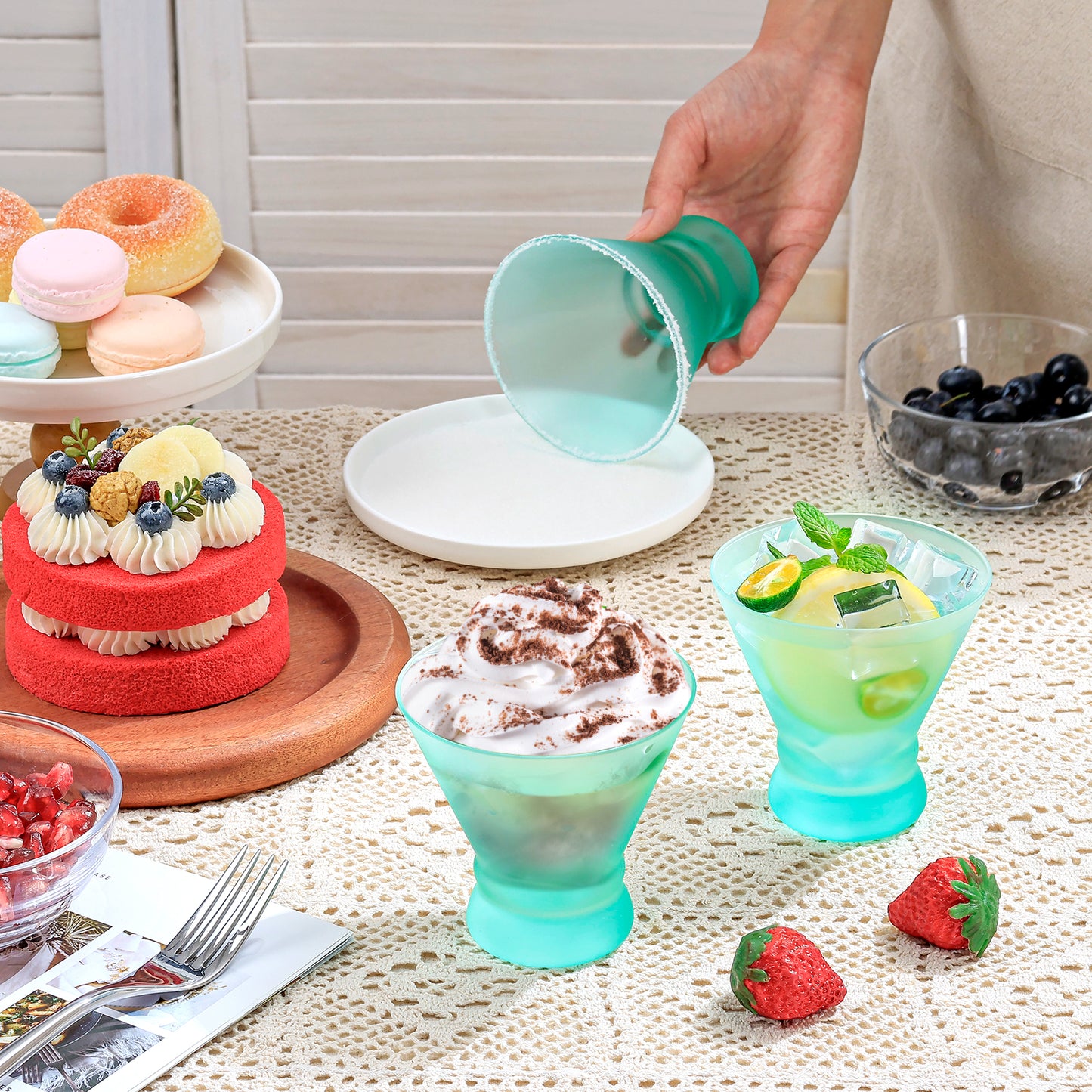 NUTRIUPS 8oz Frosted Stemless Martini Glasses 4-Piece Set, Matte Finish Fingerprint-Resistant Glassware for Home Bar, Parties & Gifts (Turquoise)