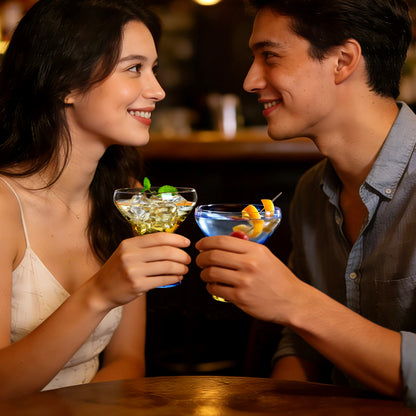 NUTRIUPS 7oz Hand-made Stemless Martini Glasses, Color-block Solid Glass Base Heavy-duty Cocktail Glasses, Aroma-Locking Rim Glasses for Home Bar Party Gifts (Sunny Coast Flip Color Set)