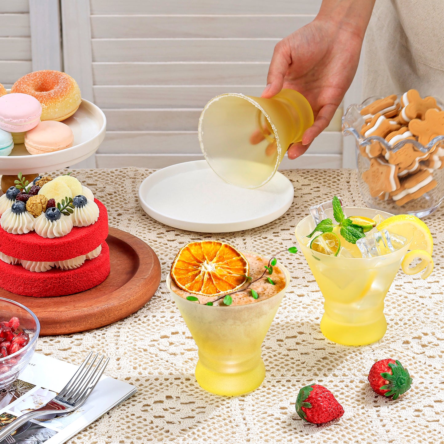 NUTRIUPS Yellow Stemless Martini Glasses, 8oz Frosted Cocktails Glasses Matte Finish Fingerprint-Resistant Glassware for Home Bar, Parties & Gifts, 4-Piece Set