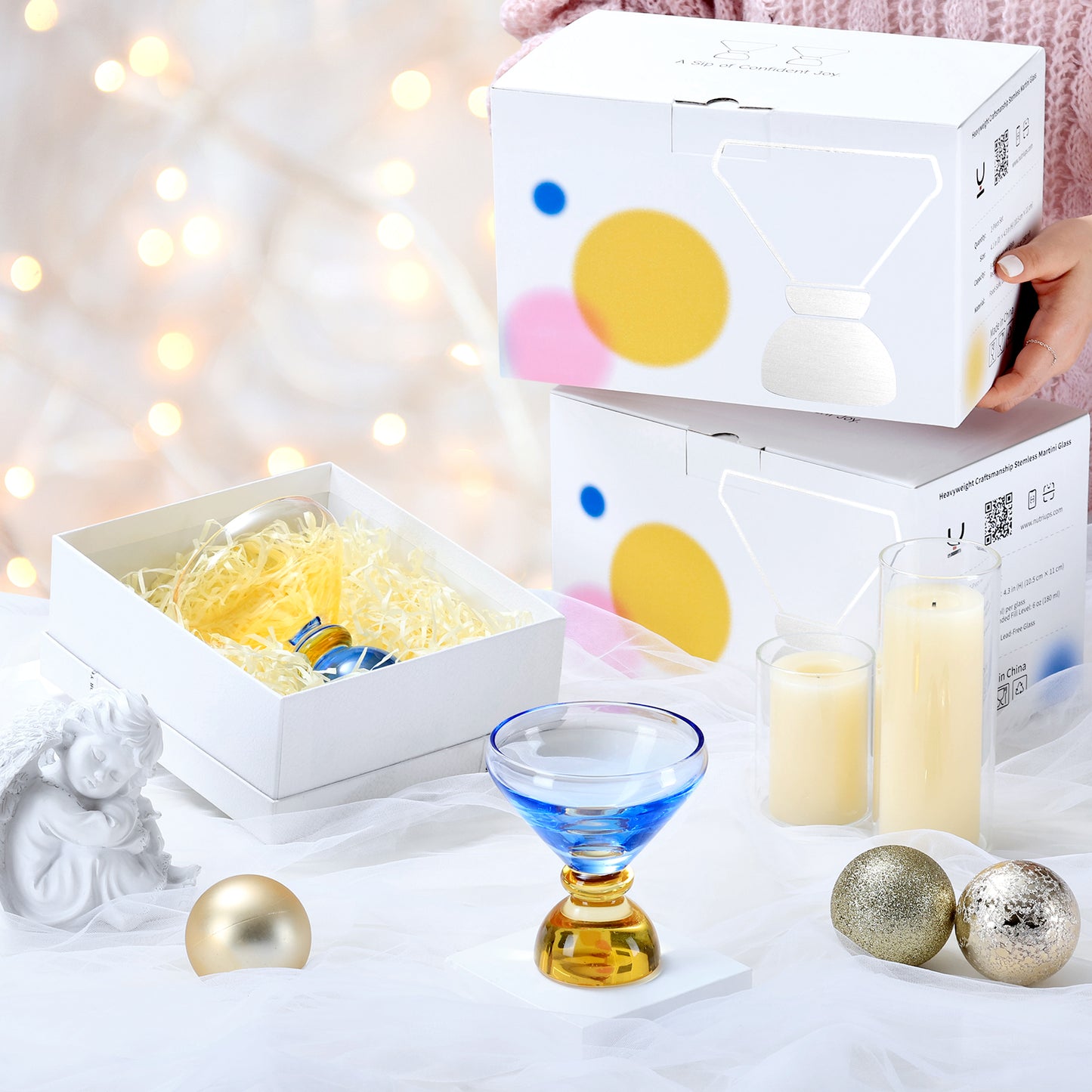 NUTRIUPS 7oz Hand-made Stemless Martini Glasses, Color-block Solid Glass Base Heavy-duty Cocktail Glasses, Aroma-Locking Rim Glasses for Home Bar Party Gifts (Sunny Coast Flip Color Set)