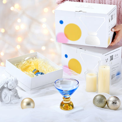 NUTRIUPS 7oz Hand-made Stemless Martini Glasses, Color-block Solid Glass Base Heavy-duty Cocktail Glasses, Aroma-Locking Rim Glasses for Home Bar Party Gifts (Sunny Coast Flip Color Set)