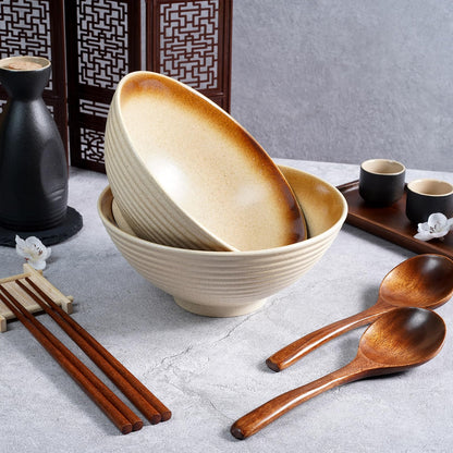 NUTRIUPS 8 Inch Ceramic Ramen Bowl Set of 2 Pho Bowls Japanese Noodle Udon Soup Bowls with Spoons and Chopsticks (Wheat Gold)
