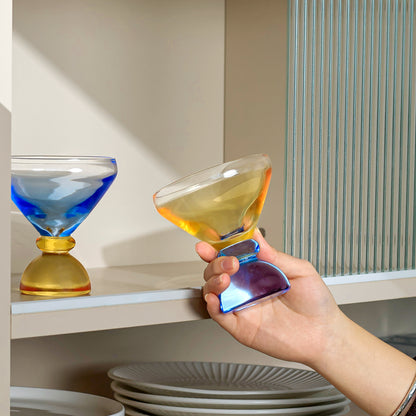 NUTRIUPS 7oz Hand-made Stemless Martini Glasses, Color-block Solid Glass Base Heavy-duty Cocktail Glasses, Aroma-Locking Rim Glasses for Home Bar Party Gifts (Sunny Coast Flip Color Set)