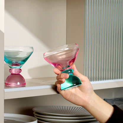 NUTRIUPS 7oz Hand-made Stemless Martini Glasses, Color-block Solid Glass Base Heavy-duty Cocktail Glasses, Aroma-Locking Rim Glasses for Home Bar Party Gifts (Botanical Flip Color Set)