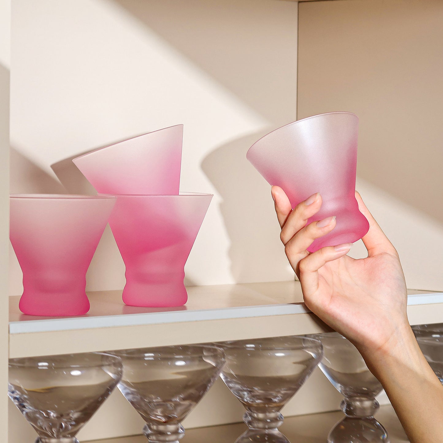 NUTRIUPS Pink Martini Glasses, Frosted Stemless Cocktail Glass, 8oz Matte Finish Glassware for Home Bar, Parties, Fingerprint-Resistant Drinkware Gifts for Women
