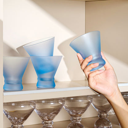 NUTRIUPS 8oz Blue Frosted Stemless Martini Glasses, Matte Finish Fingerprint-Resistant Glassware for Home Bar, Parties & Gifts, 4-Piece Set