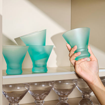 NUTRIUPS 8oz Frosted Stemless Martini Glasses 4-Piece Set, Matte Finish Fingerprint-Resistant Glassware for Home Bar, Parties & Gifts (Turquoise)